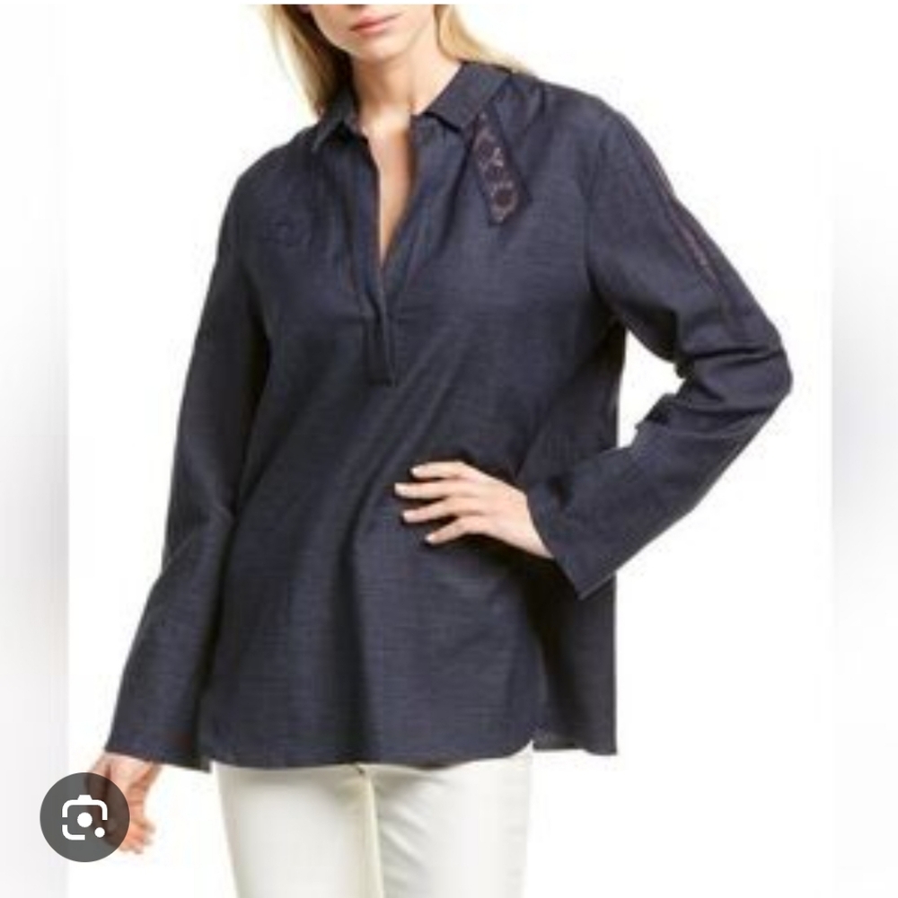 Les Copains Top Made With Reggiani Fabric And Lace Trim, Size 48 XL